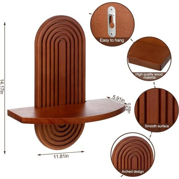 Set of 2 Boho Arched Wooden Wall Shelves Walnut Hanging Floating Rainbow Decor - Picture 3 of 7